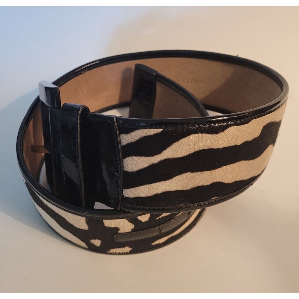 Ann Taylor Womens Zebra Print  Calf Hair Leather Belt 36" Length, Patent Trim